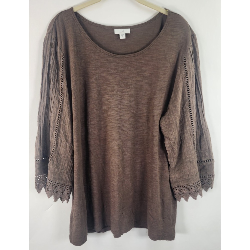 J Jill Top Womens L Lace Sleeve Brown Popover Boho Peasant Stretch
